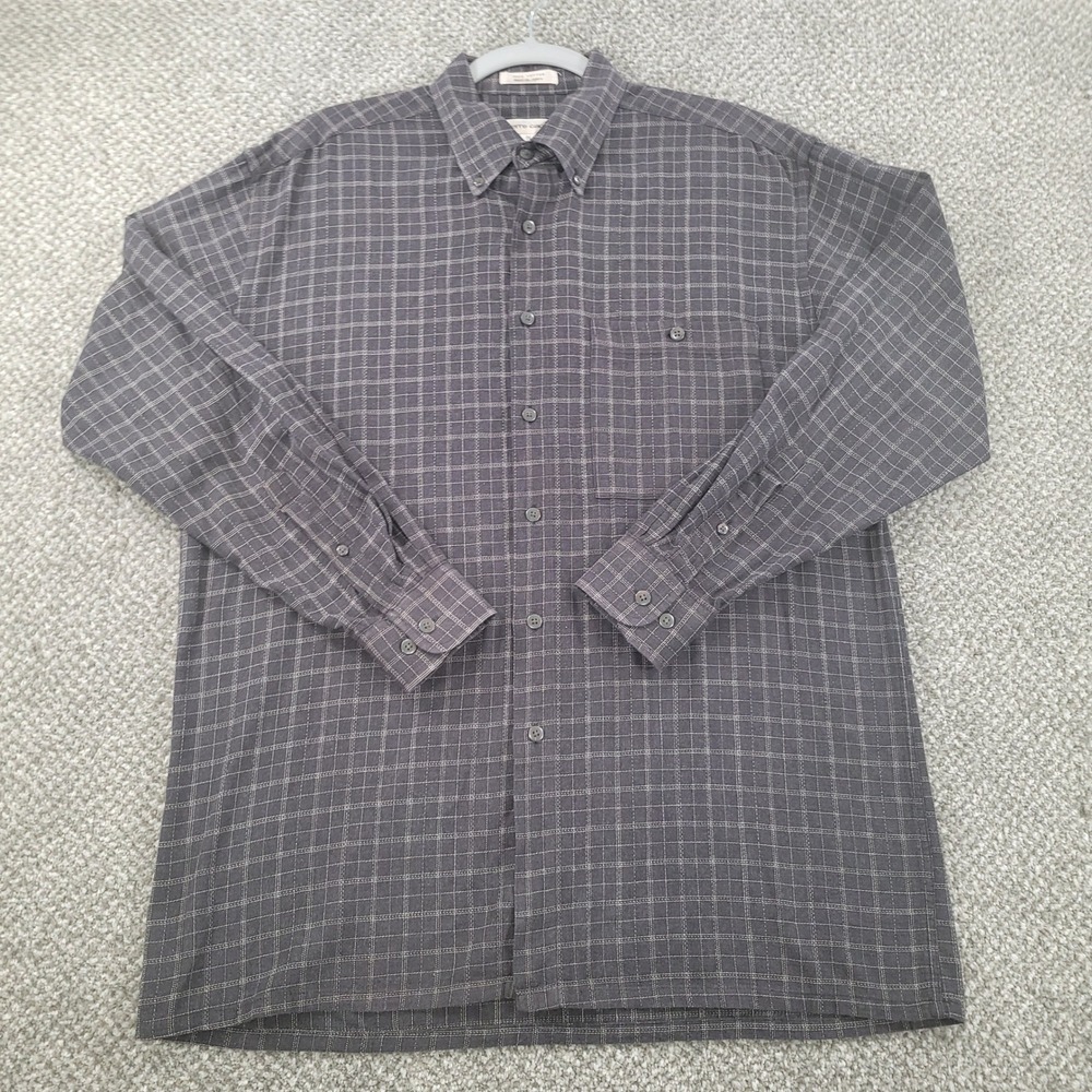 Pierre Cardin Mens Medium Grey Grid Check Cotton Button Down Shirt Long Sleeve